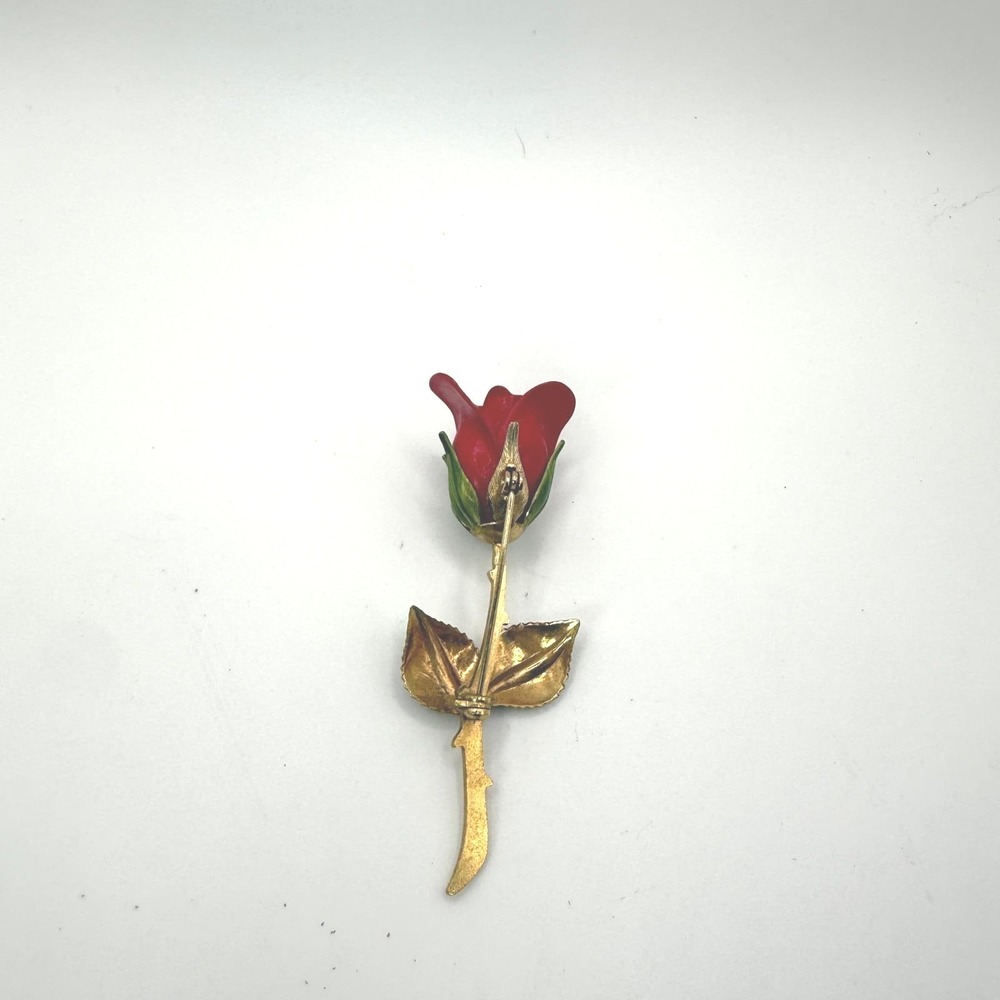 Vintage Red Rose‎ Brooch Pin Flower Lapel Enamel Gold Tone Floral Jewelry